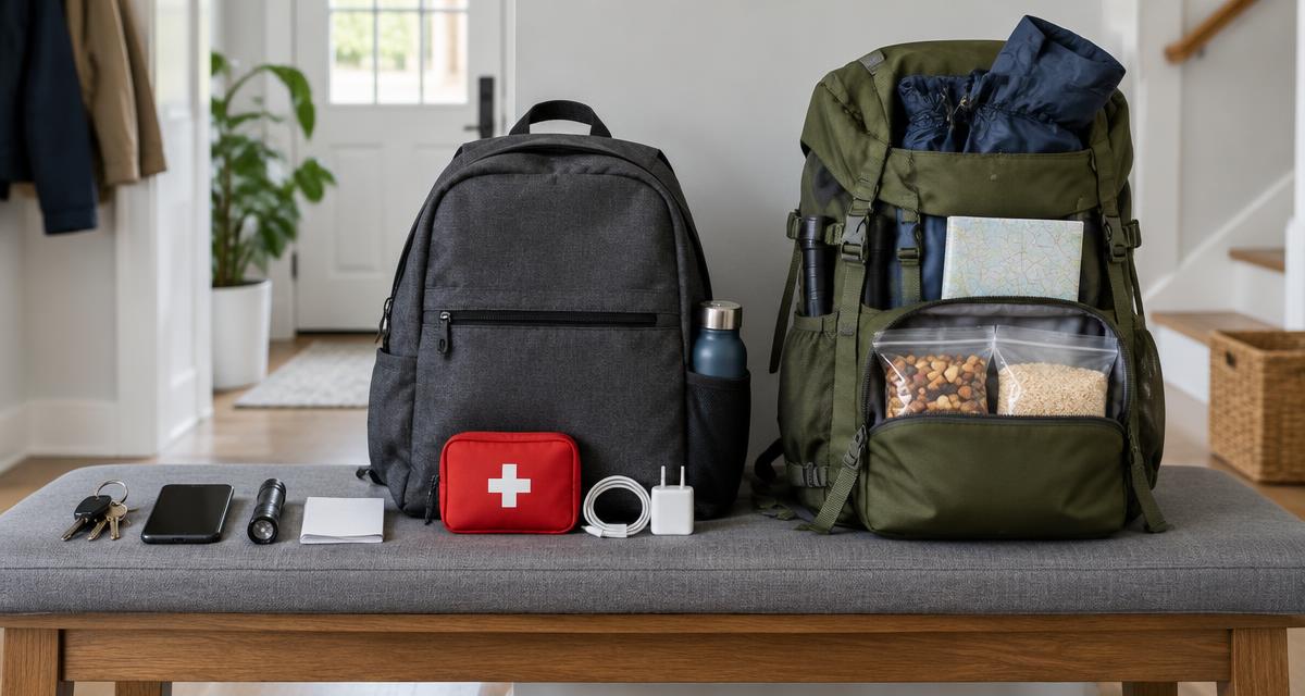 Everyday essentials beside a commuter backpack and a larger evacuation bag