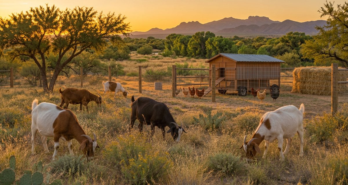 Meat goats grazing native grassland beside a mobile chicken coop